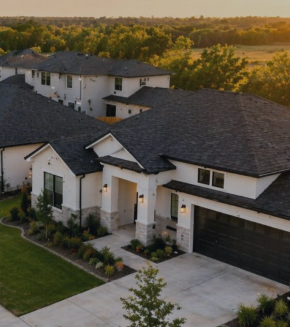 Aerial view of finished homes at sunset