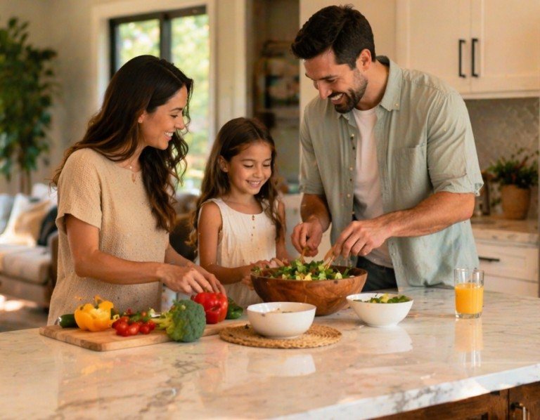 Family cooking together in a finished kitchen