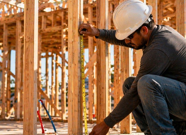 Builder measuring timber framing on a new home