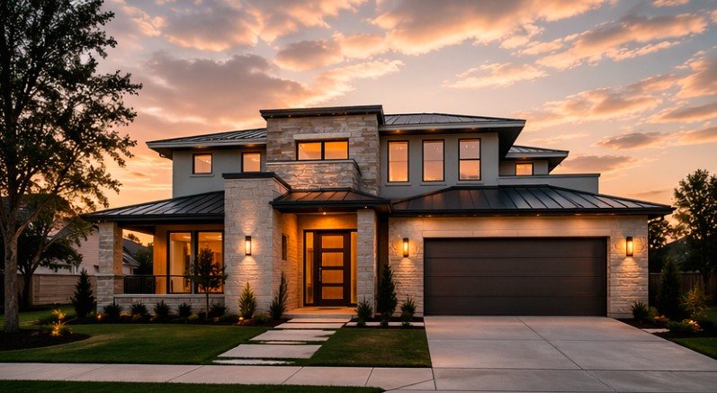 Two-storey stone and stucco home at dusk with warm exterior lighting