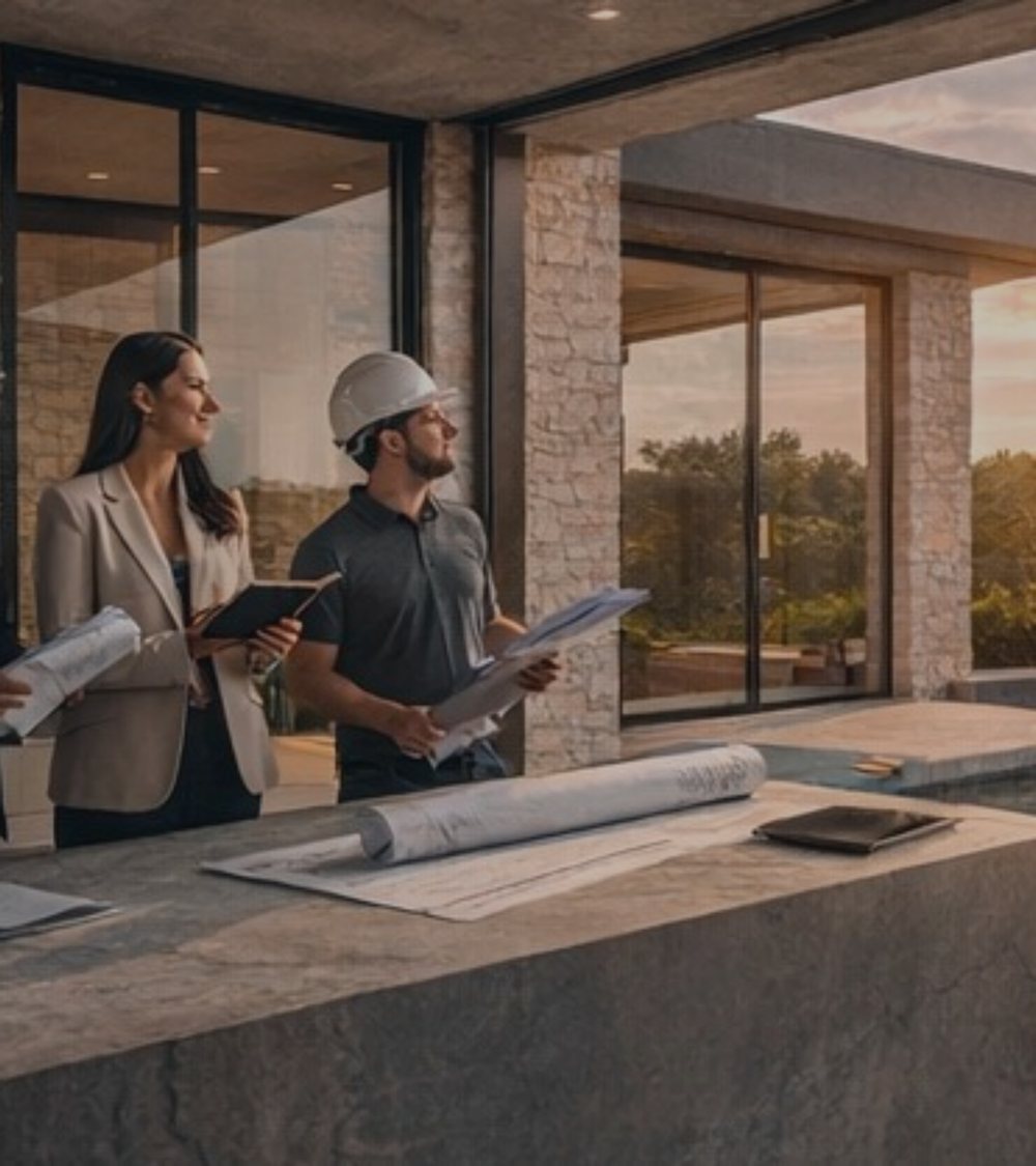 Project team reviewing plans on site
